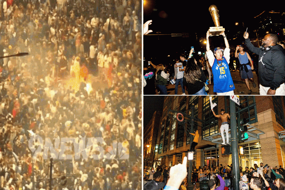 Roads closed in downtown Denver as fans climb street posts, light fireworks after Nuggets win title